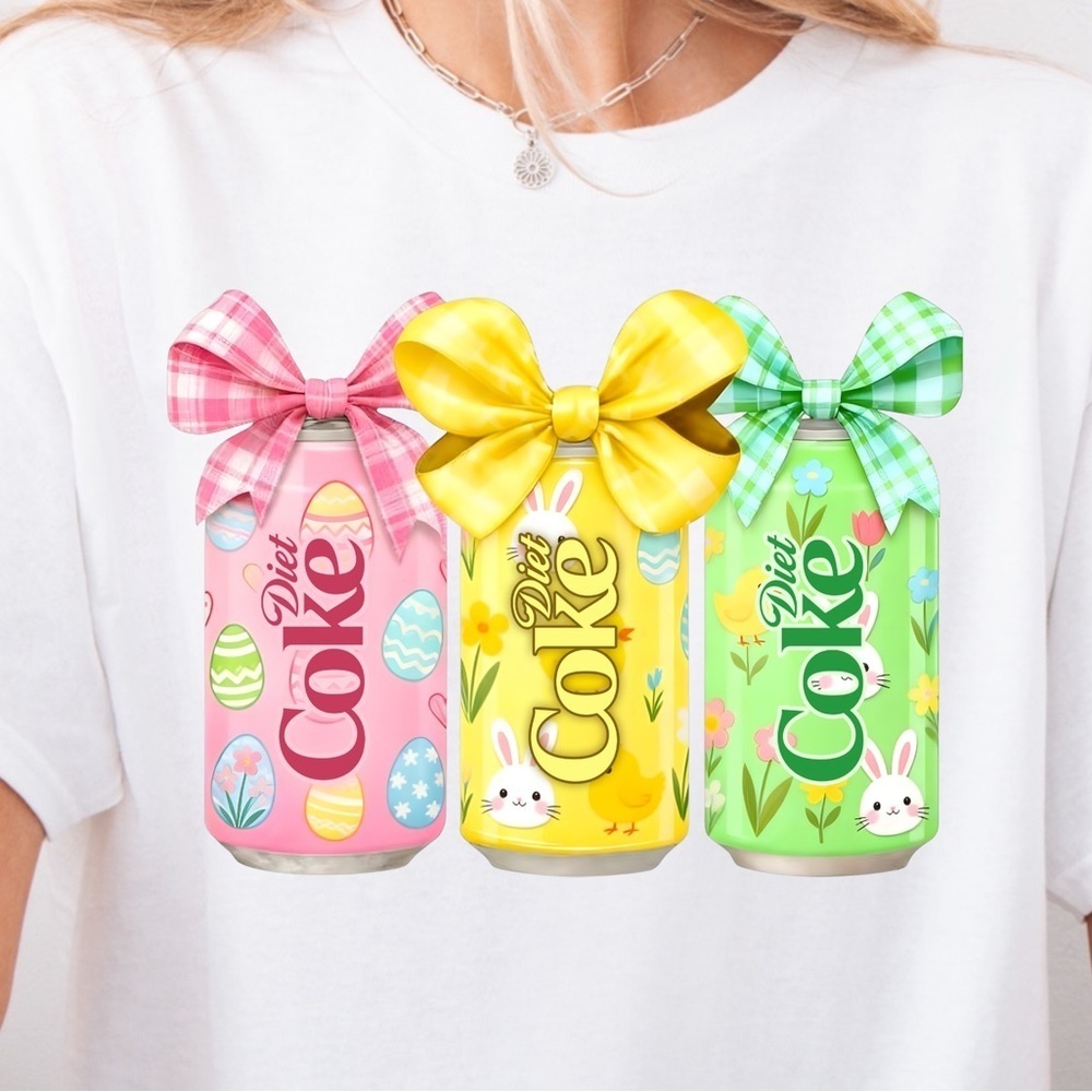 Cute Easter Diet Coke Graphic Tee Pastel Soda Bow Spring Shirt - Picture 2 of 4